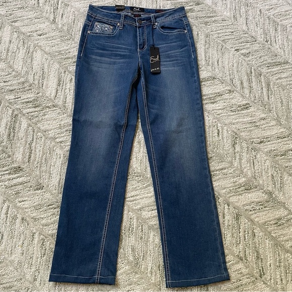 NWT Earl Straight Leg Medium Wash Embellished Pockets Zip Button Jeans Pants - Picture 1 of 13